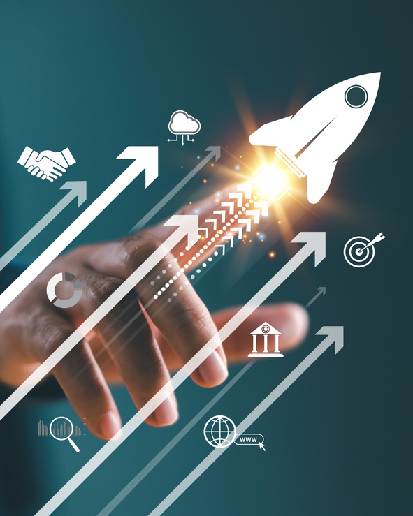 Growth strategy busines trend concept. Businessman hand on arrow investment icon. Increase sale marketing, increase success potential, soar rocket towards wealth. Competitive business goal plan